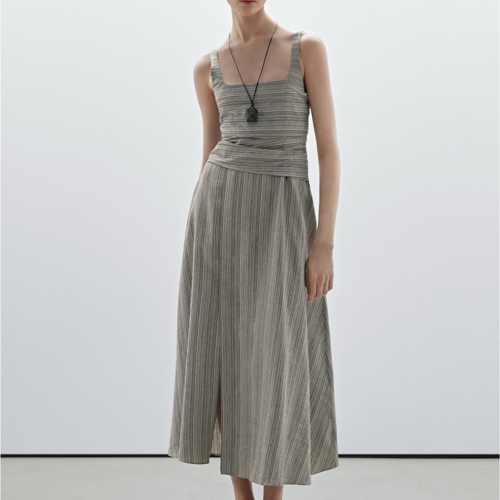 Massimo Dutti Green-Gray Striped Linen Blend Midi Dress